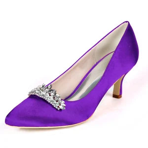 low heel dress shoes pointed toe satin wedding party prom shoes with crystal crown queen pumps slip on mid heels