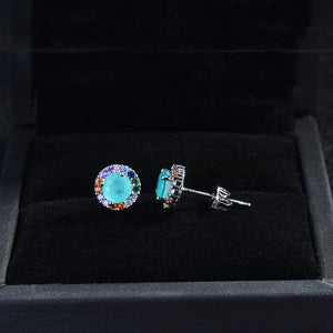 925 Silver Needle 8mm Round Paraiba Tourmaline Gemstone Stud Earrings For Women Anniversary Jewelry Gift