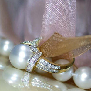 Imitation Pearl Wedding Rings Women Gold Color Shiny CZ Marriage Party Ring hr49 - www.eufashionbags.com