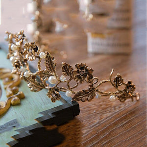 Gold Color Pearl Leaf Bridal Tiaras Crystal Crown Hairbands bc57 - www.eufashionbags.com
