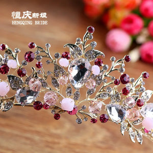 New white pink beads bridal crowns handmade tiara bride headband crystal rhinestone diadem queen crown wedding hair accessories