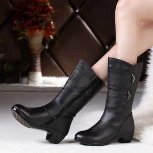 Women's Genuine Leather Shoes Boots Knee High Warm Plush Boot