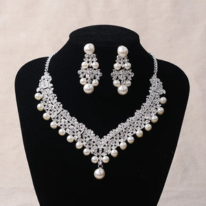 Women Pearl Bridal Jewelry Sets Crystal Tiara Crown Earrings Necklace Jewelry Accessories a22
