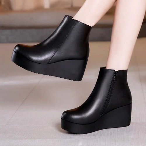 Genuine Leather Winter Boots Shoes Women Wedges Ankle Boots Warm Shoes x16
