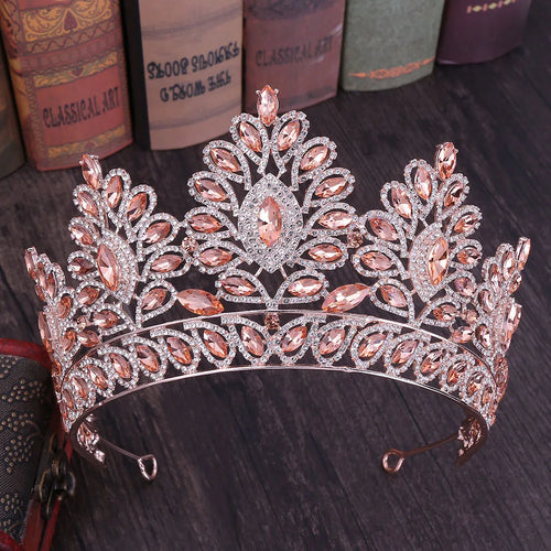 Baroque Rose Gold Color Big Rhinestone Bridal Tiaras Crown Champagne Crystal Headband