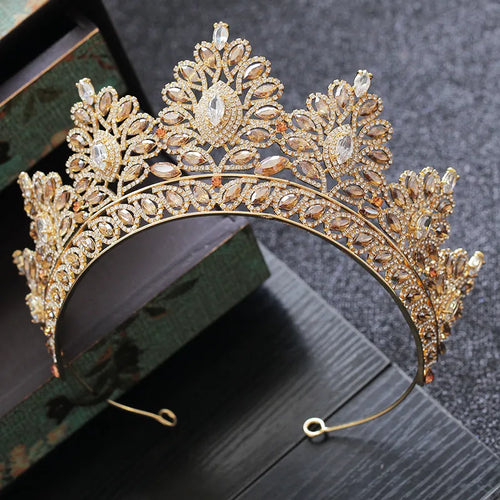 Baroque Vintage Gold Color Champagne Rhinestone Bridal Tiaras Crown Wedding Hair Accessories