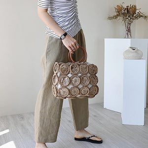 Summer Hollow Out Straw Bag Women Handmade Weave Handle Bag Beach Handbag Casual Rattan Beach Bag