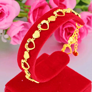 24K Gold Filled Heart Link Bangle Bracelets for Women Fashion Party Wedding Jewelry x37