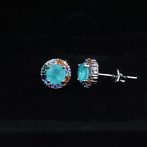 925 Silver Needle 8mm Round Paraiba Tourmaline Gemstone Stud Earrings For Women Anniversary Jewelry Gift