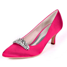 Laden Sie das Bild in den Galerie-Viewer, low heel dress shoes pointed toe satin wedding party prom shoes with crystal crown queen pumps slip on mid heels