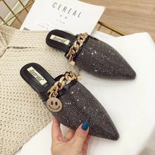 Load image into Gallery viewer, Pointed Toe Half Slippers Summer Wear New Fashion Rhinestone Flats Sandals Casual Slippers Metal Chain Slides