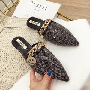 Pointed Toe Half Slippers Summer Wear New Fashion Rhinestone Flats Sandals Casual Slippers Metal Chain Slides
