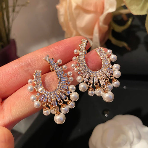Fashion Crystal Pearl Tassel Earrings Ethnic Geometric Women Jewelry