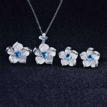 Carica l&#39;immagine nel visualizzatore di Gallery, Luxury Silver Color Flower Jewelry Sets For Women Blue Stone Pendant Necklace Stud Earring Ring Sets Party Costume Jewelry