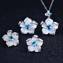 Carica l&#39;immagine nel visualizzatore di Gallery, Luxury Silver Color Flower Jewelry Sets For Women Blue Stone Pendant Necklace Stud Earring Ring Sets Party Costume Jewelry
