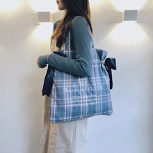 Carica l&#39;immagine nel visualizzatore di Gallery, Plaid Women Shoulder Bag Soft Cloth Fabric Handbag Large Cotton Tote Bow Canvas Bags a28