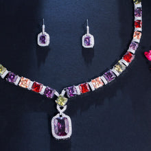 画像をギャラリービューアに読み込む, Multi Color Purple Cubic Zirconia Jewelry Set Square Drop Luxury Wedding Necklace Earrings