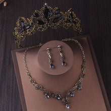 Load image into Gallery viewer, Retro Bronze Black Crystal Bridal Jewelry Sets Rhinestone Tiara Crown Earrings Choker Necklace a66