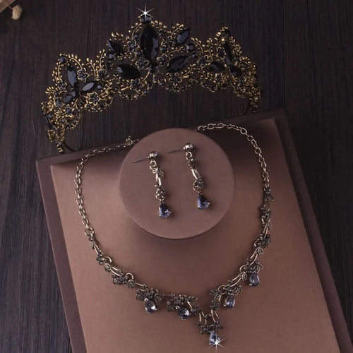 Retro Bronze Black Crystal Bridal Jewelry Sets Rhinestone Tiara Crown Earrings Choker Necklace a66