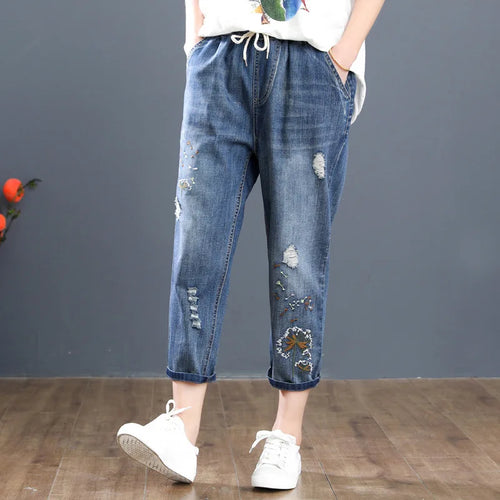 Summer Fashion Ripped Holes Jeans Womens Luxury Embroidery Harem Pants Loose Elastic Denim Trousers