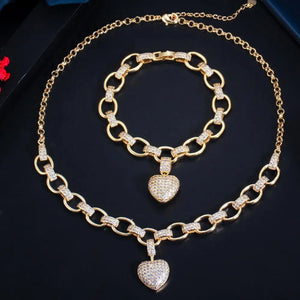 585 Gold Color Cubic Zirconia Love Heart Jewelry Set Dangle Charm Bracelet Pendant Necklace z12