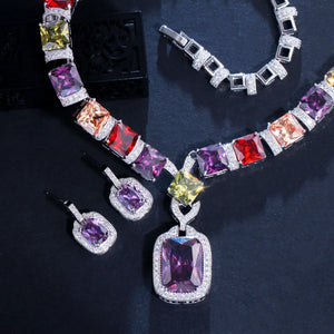 Multi Color Purple Cubic Zirconia Jewelry Set Square Drop Luxury Wedding Necklace Earrings