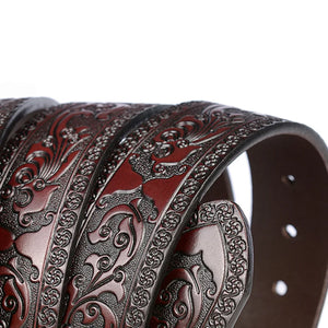 Print Leather Belt Floral Strap For Men 4.0 CM Black Vintage Embossing Genuine Cowskin Belt