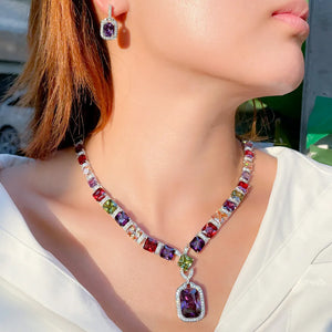Multi Color Purple Cubic Zirconia Jewelry Set Square Drop Luxury Wedding Necklace Earrings