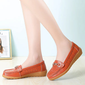Summer Women Casual Shoes Leather Breathable Flats Shoes Cut Out Women's Loafer Office Slip-on Moccasins Plus Size 35-42