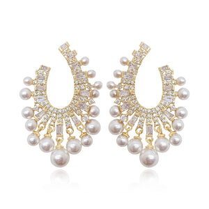Fashion Crystal Pearl Tassel Earrings Ethnic Geometric Women Jewelry