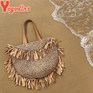 Bohemian Round Tassel Straw Bags Rattan Women Crossbody Bags Wicker Shoulder Bag Small Purses Summer Beach Bags