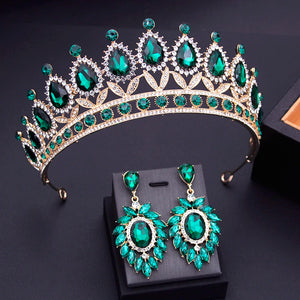Green Crystal Headwear Sets Bridal Crown for Wedding Birthday Princess Queen Tiaras and Crown Hair Jewelry Bride Crown Set