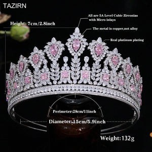 Luxury Pink CZ Tall Crowns Wedding Tiaras Women Zircon Hair Jewelry Princess Queen Champagne Headdress
