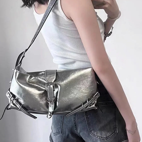 Silver Leather Crossbody Bags for Women Luxury Y2k Fashion Shoulder Bag