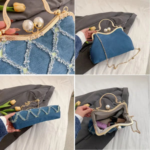 Vintage Denim Bag Metal Handle Chain Clutch Antique Kiss Lock Shoulder Crossbody Bag a125
