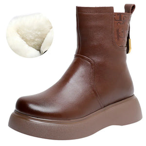 Genuine Leather Women Snow Boots Wool Fur Platform Mid Calf Shoes q160