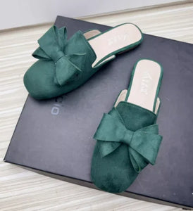 Women Spongy Sole Butterfly-Knot Flat Slides Mules Square Toe Wide Fitting Flock Cloth Summer Sweet Shoes