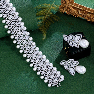 Luxury White Cubic Zirconia Choker Pearl Necklace and Earrings Wedding Party Jewelry Sets