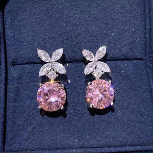 Flower Dangle Earrings Pink Cubic Zirconia for Women Silver Color Temperament Accessories