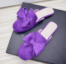 画像をギャラリービューアに読み込む, Women Spongy Sole Butterfly-Knot Flat Slides Mules Square Toe Wide Fitting Flock Cloth Summer Sweet Shoes