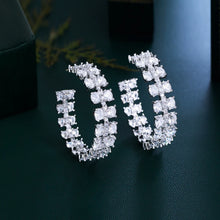 Cargar imagen en el visor de la galería, Double Cluster Chunky Cubic Zirconia Paved Big Luxury Half Round Bridal Hoop Earrings for Women b06