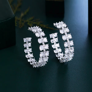 Double Cluster Chunky Cubic Zirconia Paved Big Luxury Half Round Bridal Hoop Earrings for Women b06