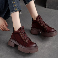 Load image into Gallery viewer, Cow Leather Women Shoes Square Med Heel Ankle Boots Lace Up Pumps