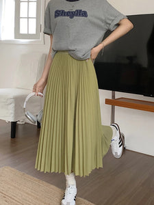 Basic Pleated Midi Long Skirt for Women New Solid All-match A Line High Waist Mid-length Skirt