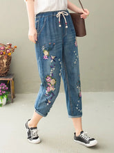 Charger l&#39;image dans la galerie, Autumn Womens Vintage Floral Loose Denim Pants Chinese Style Casual Ripped Blue Jeans