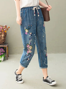 Autumn Womens Vintage Floral Loose Denim Pants Chinese Style Casual Ripped Blue Jeans