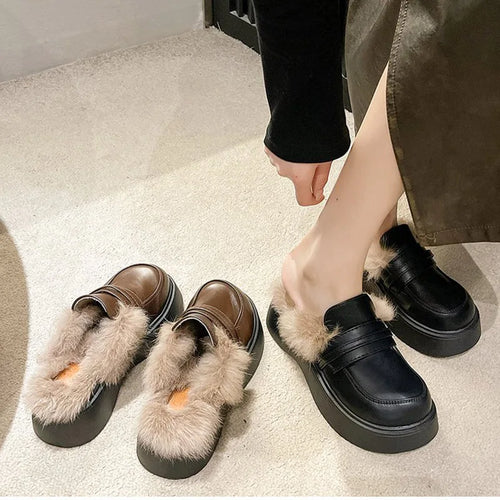Spring New Fur Women Slippers Shoes Round Toe Shallow Slip On Shoes q78