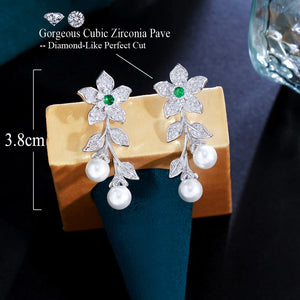 Chic Flower Leaf Shape Earrings Cubic Zirconia Pave Long Dangle Drop Pearl Earrings b101