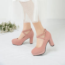Load image into Gallery viewer, Yong Girls School Party High Heels Pumps Platform Cross Strappy Flock Children&#39;s Shoes