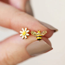 Load image into Gallery viewer, Bee and Flower Cute Stud Earrings Yellow Enamel Animal Earrings Fancy Girls Gift Jewelry for Women